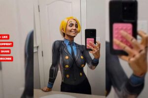どうしてもおっぱいに目が行く...ボディーペイントでコスプレする巨乳の女性