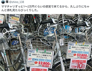 【悲報】 X「ママチャリ、1～2万円感覚で来たから値札見てびっくりした」自転車屋「…」 →