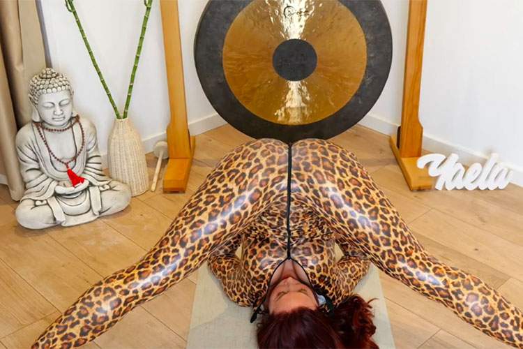 ヒョウ柄全身タイツを着たお姉さんによるノーブラヨガ動画